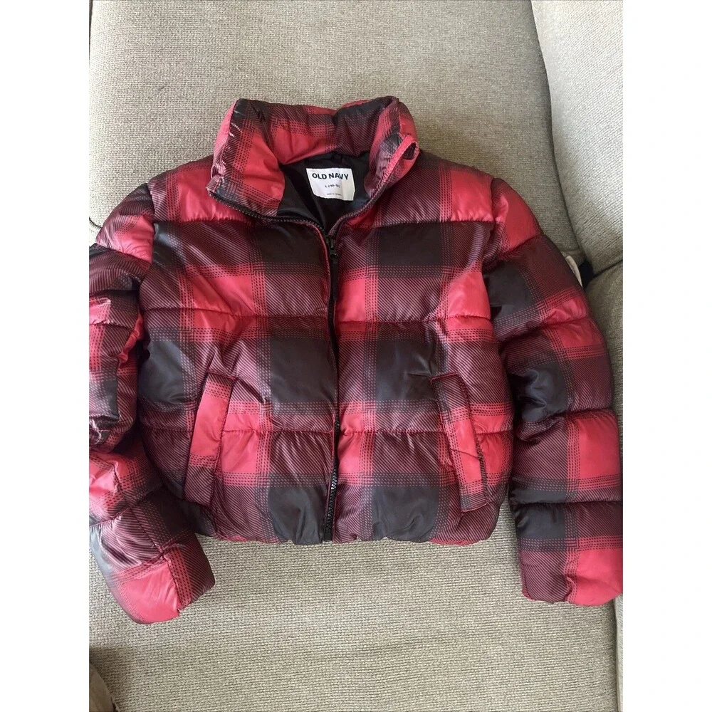 Old Navy Winter Coat Boys Large 10-12 Red Plaid Puffer Jacket Youth